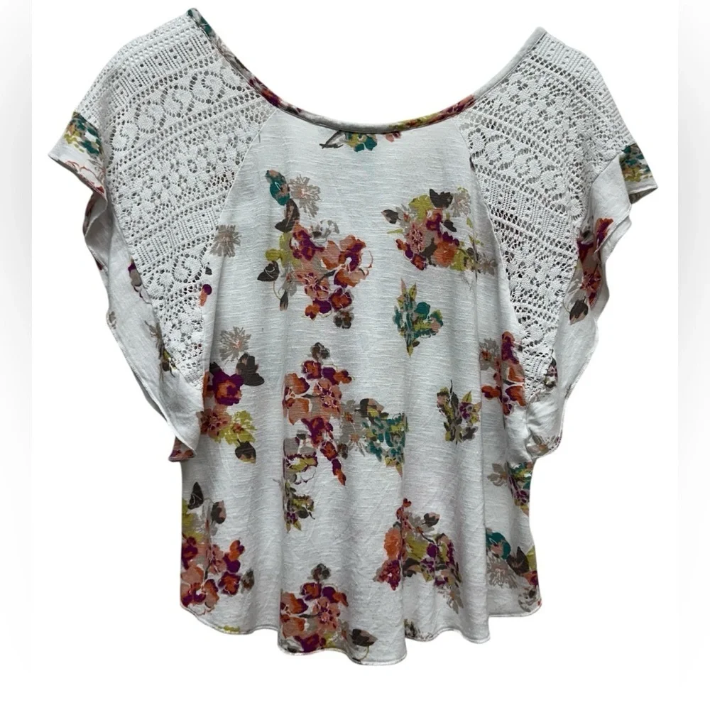 American Rag Woman’s White Floral Crochet Blouse Sz L Short Sleeve Top Cropped - Picture 4 of 7